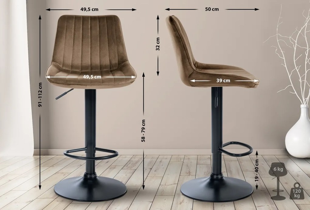 2x Barová stolička Toni - zamat, čierny rám - Hnedá