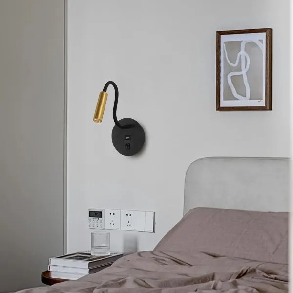 Brilagi -LED Flexibilná nástenná lampa s USB portom MAYA LED/3W/230V čierna/zlatá