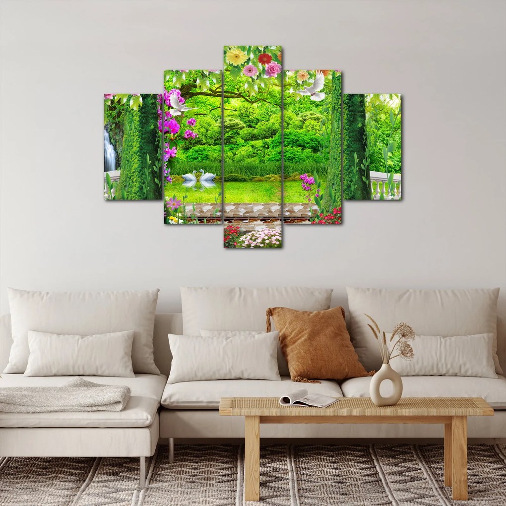 Obraz - Čarovná záhrada s labuťami (150x105 cm)