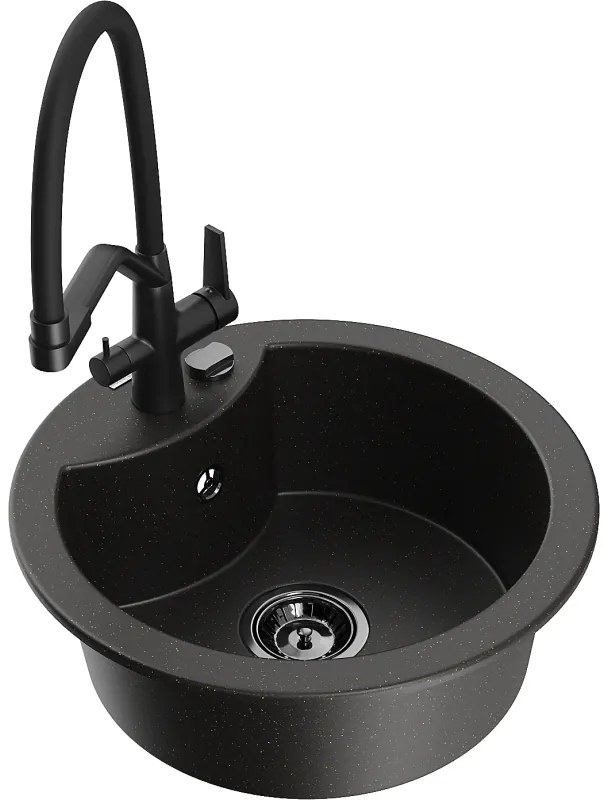 Mexen Diego, 1-komorový granitový drez 488x488x167 mm a drezová batéria Duo, čierna-zlatá metalíza, 6512-75-671701-70-B