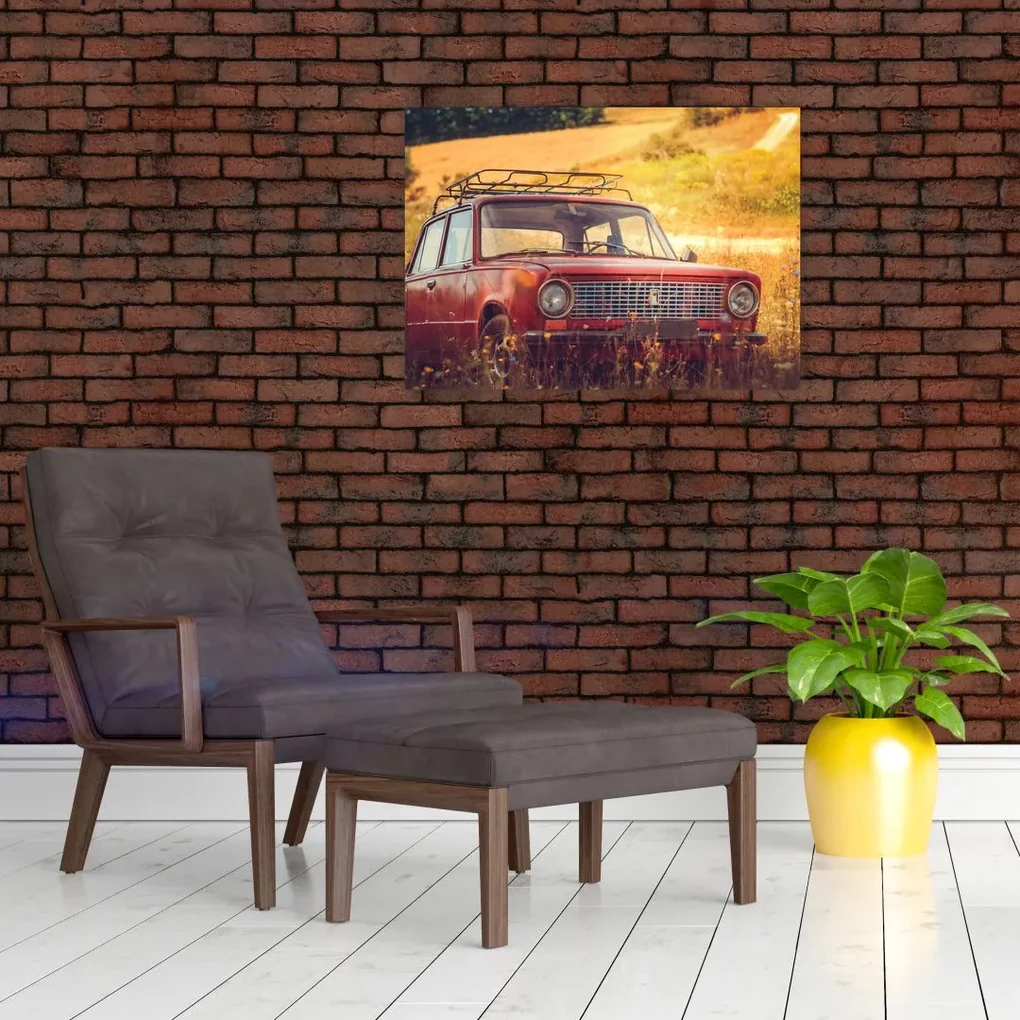 Sklenený obraz auta v poli (70x50 cm)