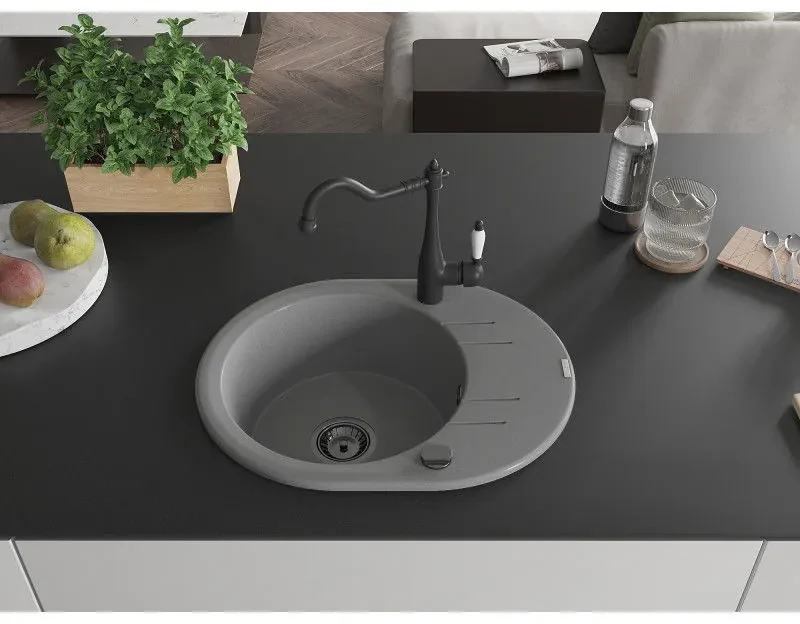 Mexen Kevin, drez granitový 586x458x190 mm, 1-komorový a drezová batéria Carla, šedá, 6517-71-670700-70-B