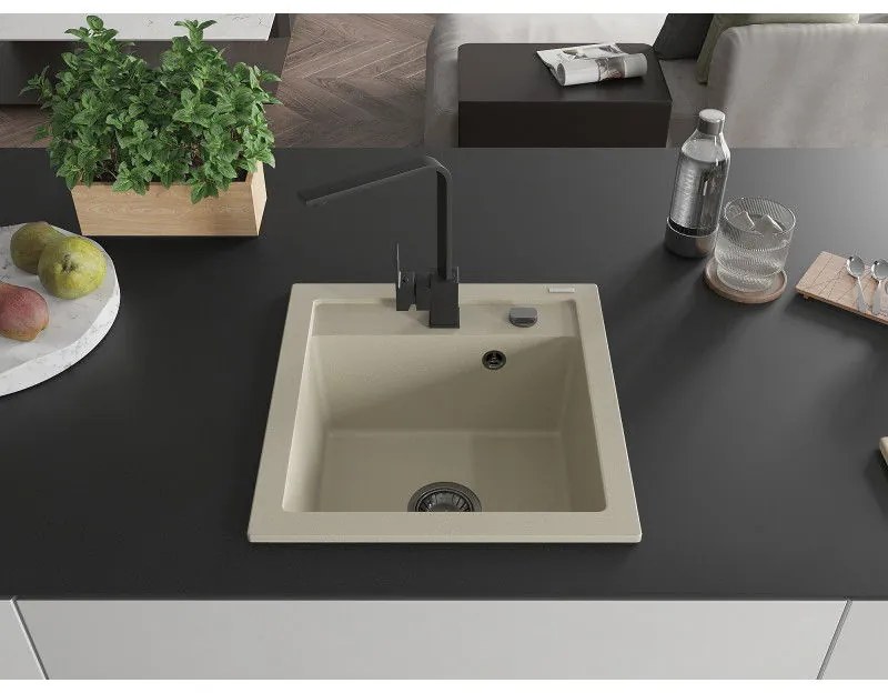 Mexen Vito, 1-komorový granitový drez 520x490x210 mm, čierna batéria Rita, béžová, 6503-69-670300-70