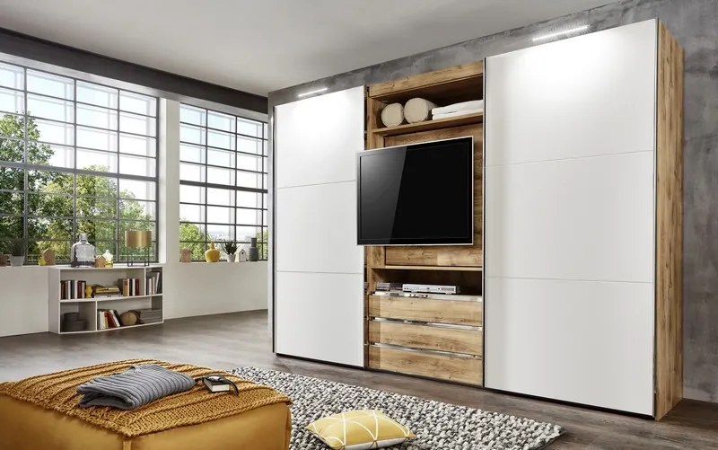 Šatníková skriňa s TV panelom Magic, doskový dub/biela