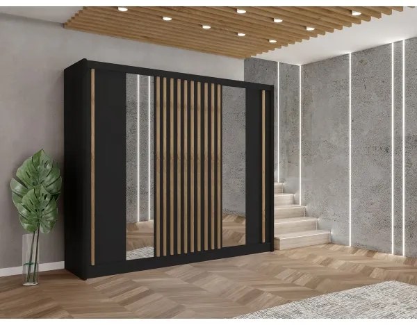 Šatníková skriňa so zrkadlom SANTINO 250x215 cm čierna/dub craft