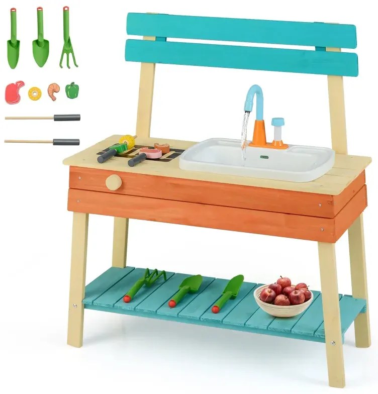 Detská kuchynka, drevená kuchynská súprava s detským jedlom, drevené špajle, rošt na grilovanie, modrá