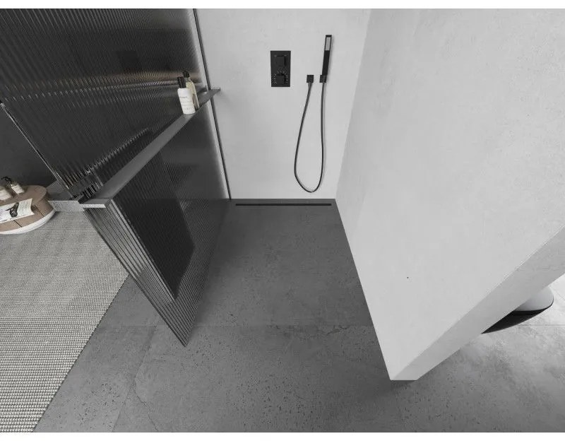Mexen Kioto+ L, sprchová zástena Walk-In s poličkou a vešiakom 80 x 200 cm, 8mm sklo s rebrovým vzorom, grafitový profil, 800-080-123-66-09