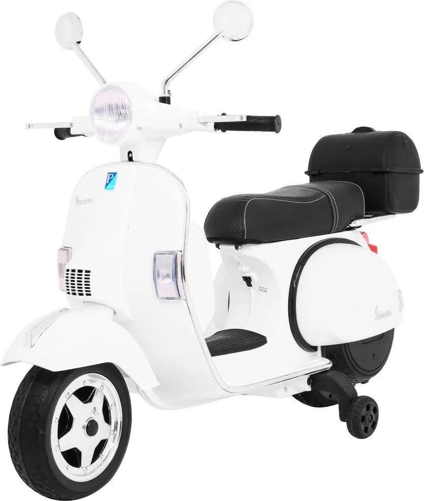 Ramiz Vespa elektrický skúter pre deti Biely + pomocné kolieska + audio + ekokoža + EVA + pomalý štart