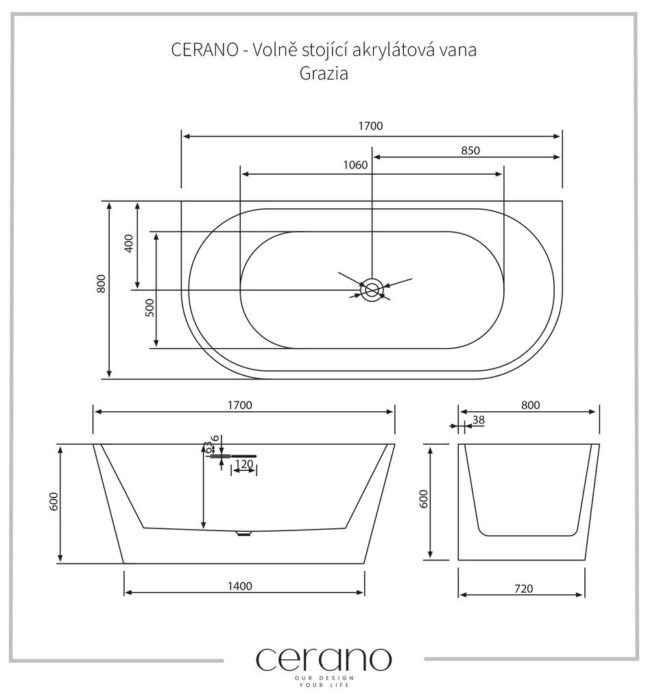 Cerano Grazia, voľne stojaca akrylátová vaňa 170x80 cm, biela, CER-CER-413624