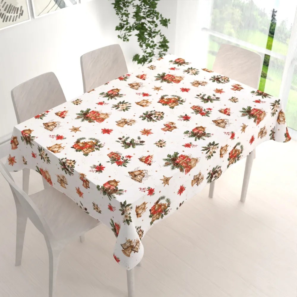 Biante Vianočný bavlnený obdĺžnikový obrus Sandra SA-515 Vianočné hviezdy a ozdoby na bielom 140x160 cm