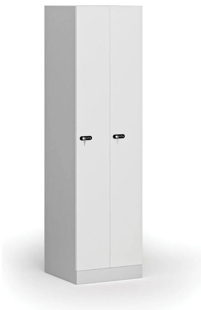 Kovová šatníková skrinka S1 zúžená, 2 oddiely, 1850 x 500 x 500 mm, demont, mechanický kódový zámok, laminované dvere, biela