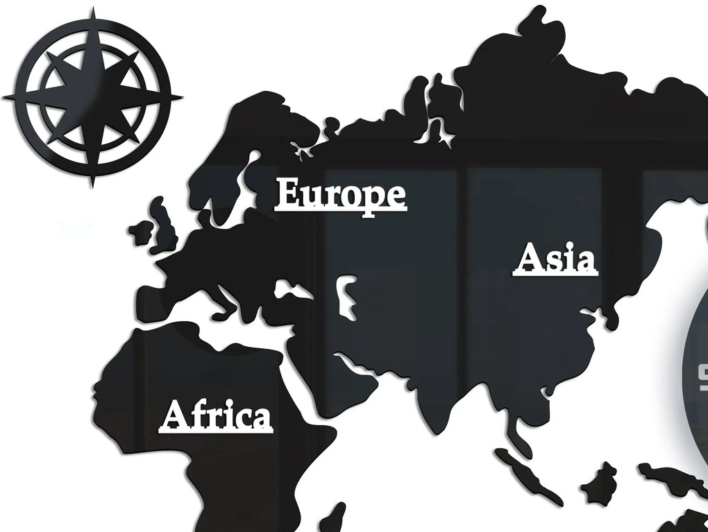 Nástenné samolepiace hodiny Mapa sveta 110x55 cm čierne