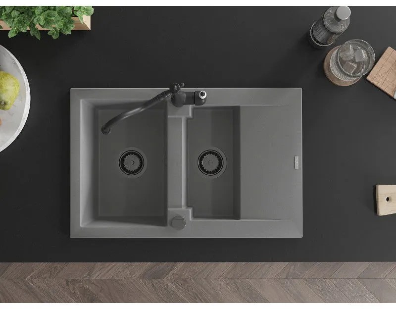 Mexen Gaspar, granitový drez 752x436x161 mm, 1,5-komorový a drezová batéria Carla, šedá, 6507-71-670700-70-B