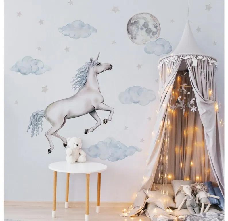 Gario Detská nálepka na stenu Pastelový jednorožec, obláčiky, mesiac a hviezdičky Farba: Modrá