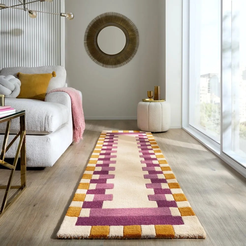 Žlto-ružový ručne tkaný vlnený behúň 60x230 cm Kai Wool Border – Flair Rugs