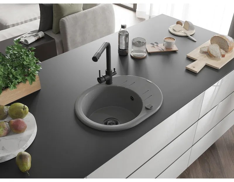 Mexen Kevin, drez granitový 586x458x190 mm, 1-komorový a čierna Duero batéria, šedá, 6517-71-671600-70-B