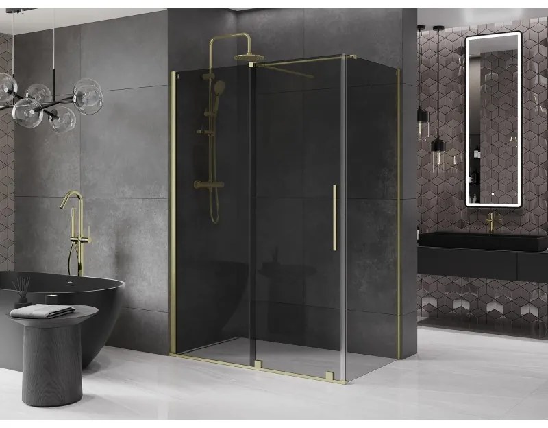 Mexen Velar, sprchový kút s posuvnými dverami 160 x 70 cm, 8mm šedé sklo, zlatá matná, 871-160-070-41-55