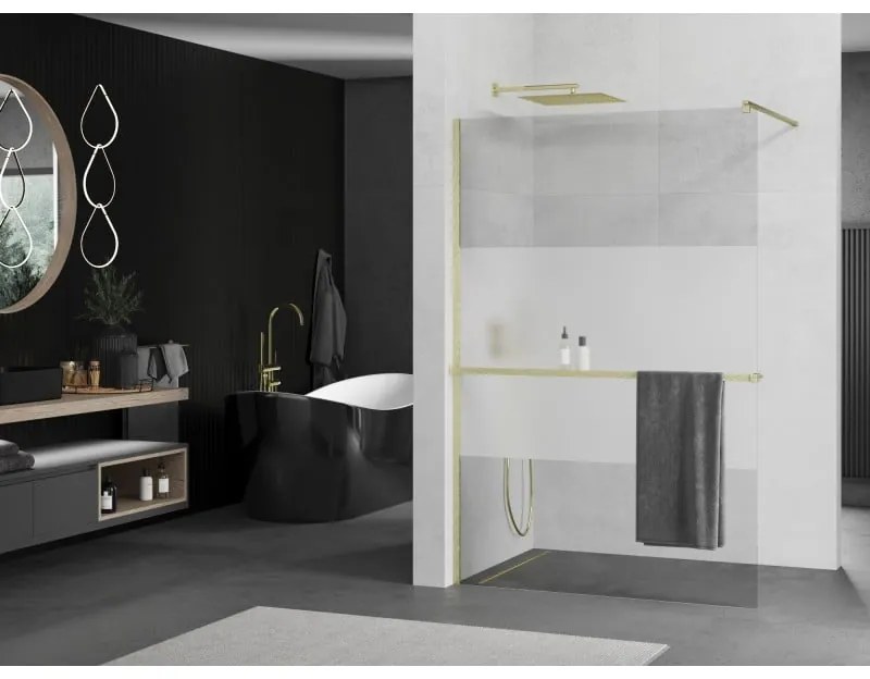 Mexen Kioto+, sprchová zástena Walk-In s poličkou a vešiakom 90 x 200 cm, 8mm číre sklo-námraza, zlatý matný profil, 800-090-121-55-35