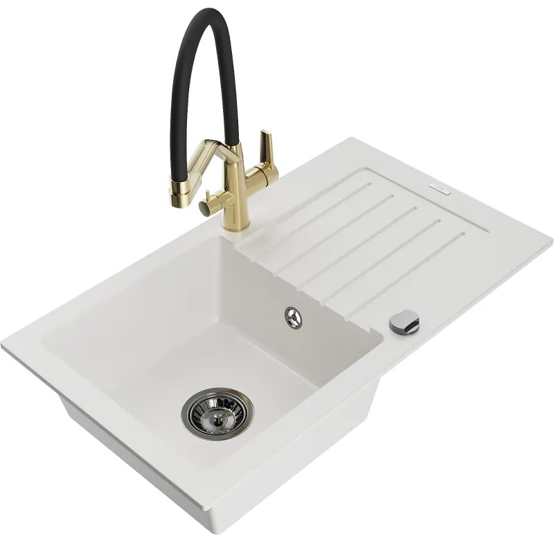 Mexen Pablo, granitový drez 752x436x161 mm, 1-komorový a drezová batéria Duo, biela, 6510-20-671701-57-B