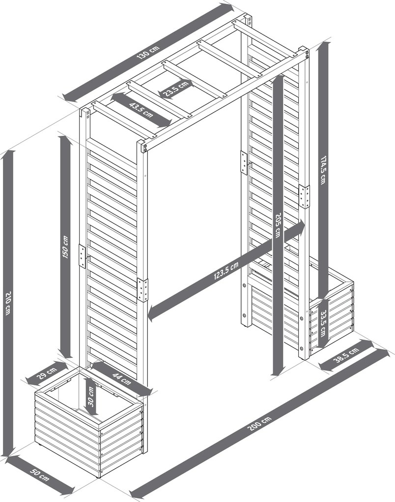 Záhradná pergola s debničkami na sadenie