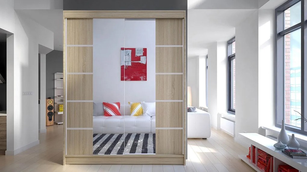 Posuvná skriňa Belgia V, Farby: biela / čierna + zrkadlo, Osvetlenie: osvetlenie LED RGB - farebné