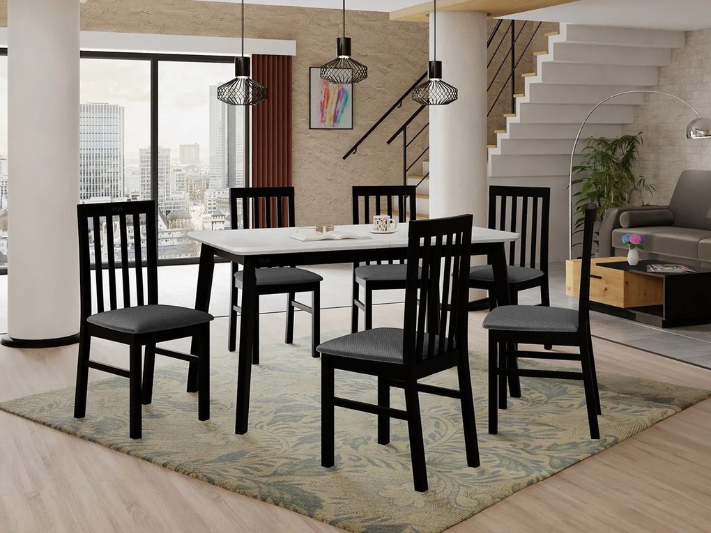 Rozkladací stôl so 6 stoličkami AL16, Morenie: biela, Poťahové látky: Zetta 297, Farby nožičiek: čierna