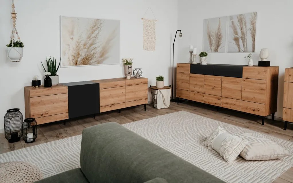 Široká komoda so zásuvkami Nola, dub artisan/čierna