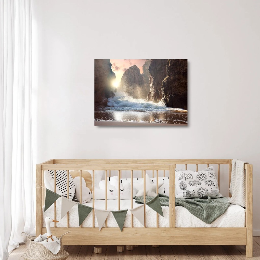 Sklenený obraz - Skaly a vlny oceánu (70x50 cm)