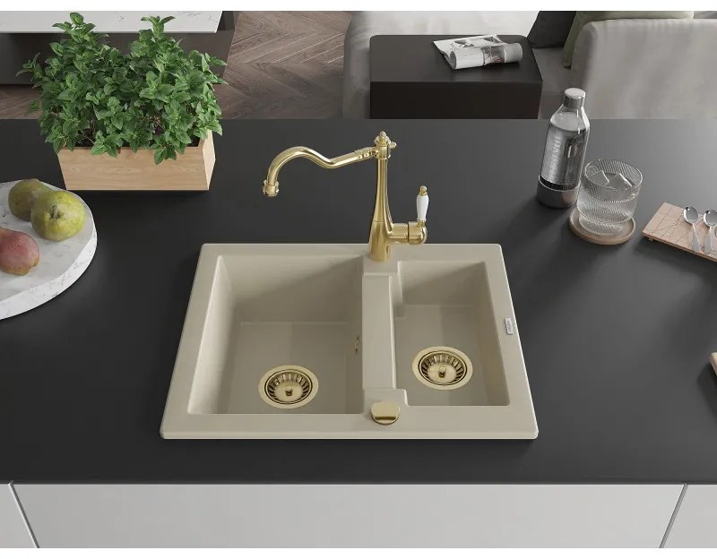 Mexen Carlos, granitový drez 582x475x177 mm, 1,5-komorový a drezová batéria Carla, béžová, 6518-69-670700-50
