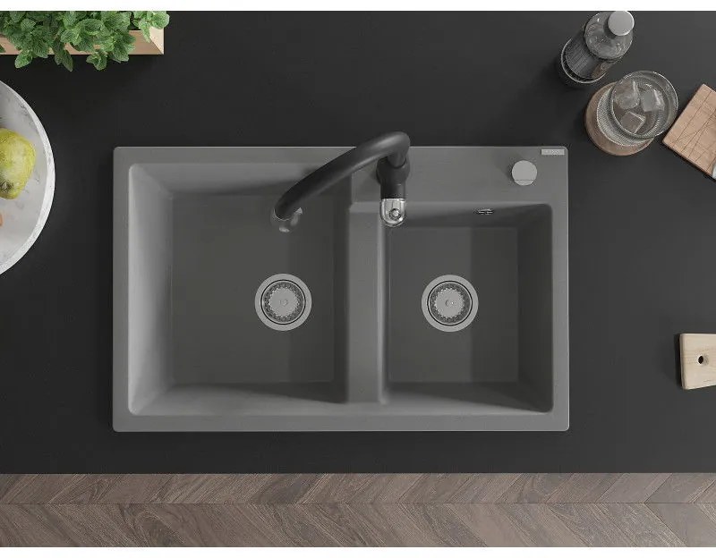 Mexen Tomas, granitový drez 800x500x190 mm, 2-komorový a drezová batéria Savita, šedá, 6516-71-672601-70