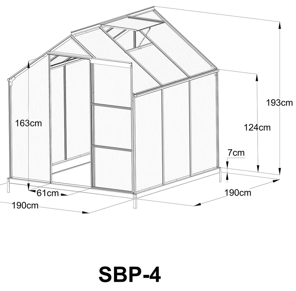 Skleník so základňou BestBerg SBP-4 / 3,6 m² / 190 x 190 x 201 cm / strieborná