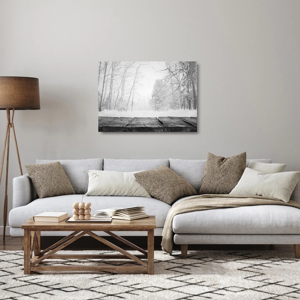 Sklenený obraz - Drevené mólo v zime (70x50 cm)