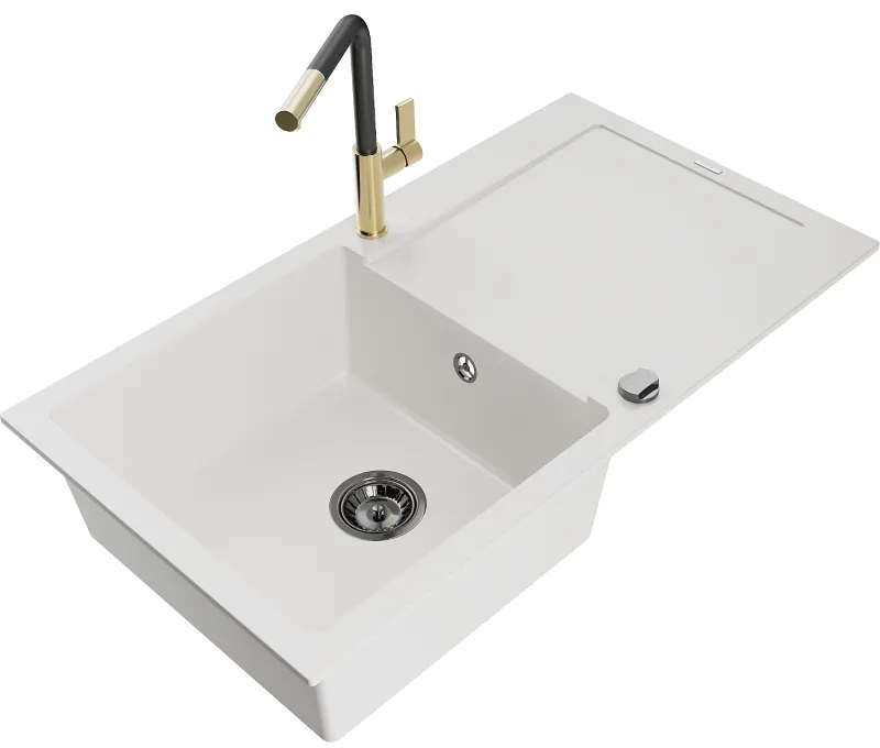 Mexen Leo, 1-komorový granitový drez 900x500x190 mm a drezová batéria Flora, biela, 6501-20-670401-57-B