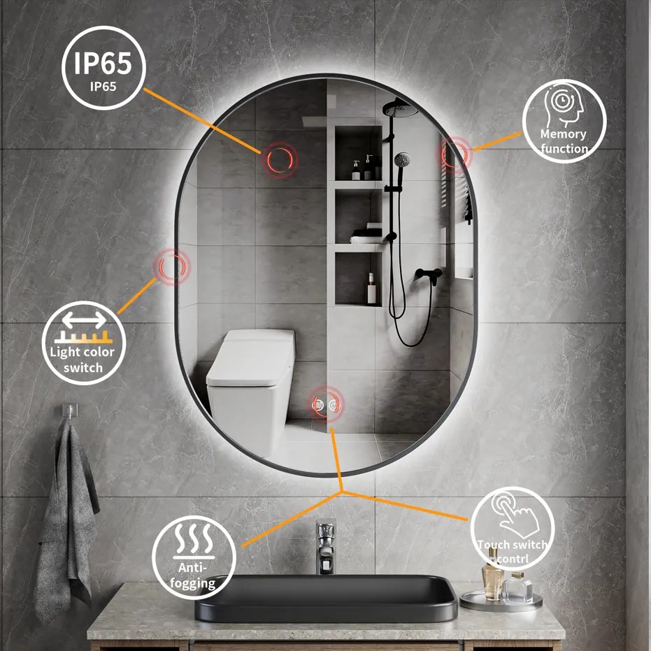 Erga Freya, oválne LED zrkadlo 60x80cm v čiernom kovovom ráme, 3 farby svetla, zadné osvetlenie, vyhrievacia podložka proti zapareniu, ERG-V01-FREYA-6080-BK