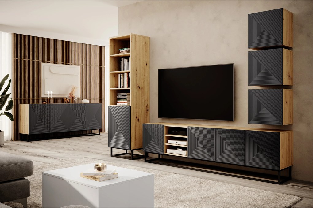 TV stolík Asha 200 cm na čiernom podstavci s 3 otvorenými policami - artisan / čierny mat