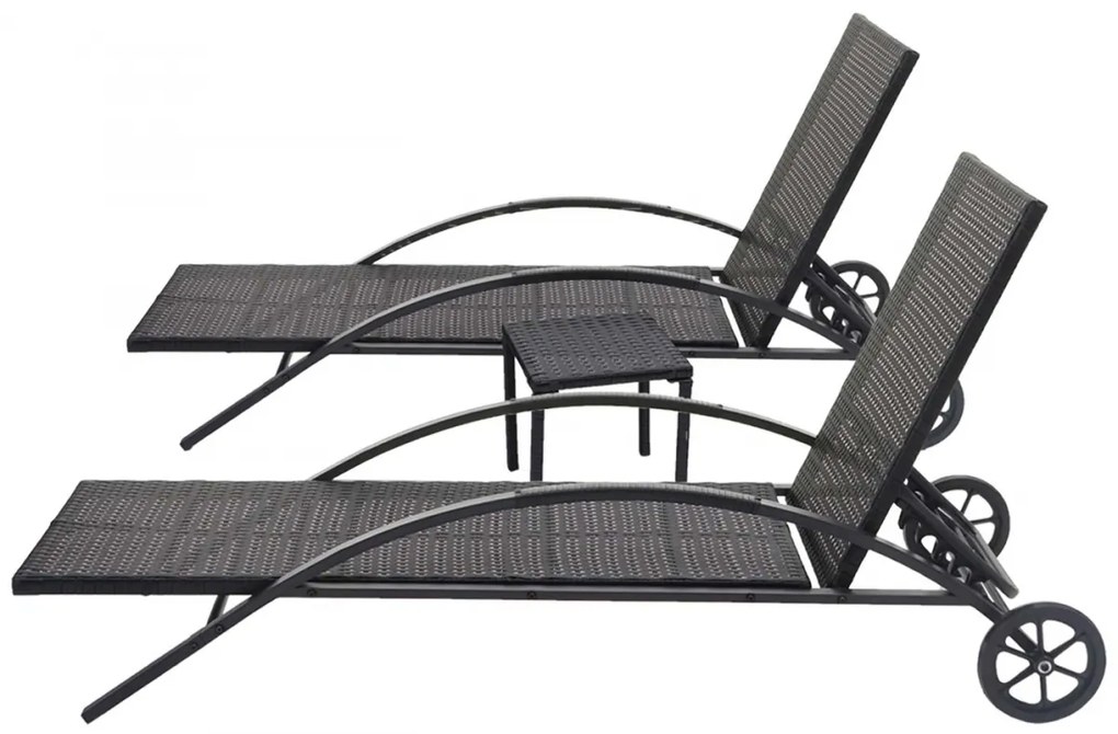 Set 2 záhradných lehátok HWC-E27, polyratan - béžové vankúše - čierna