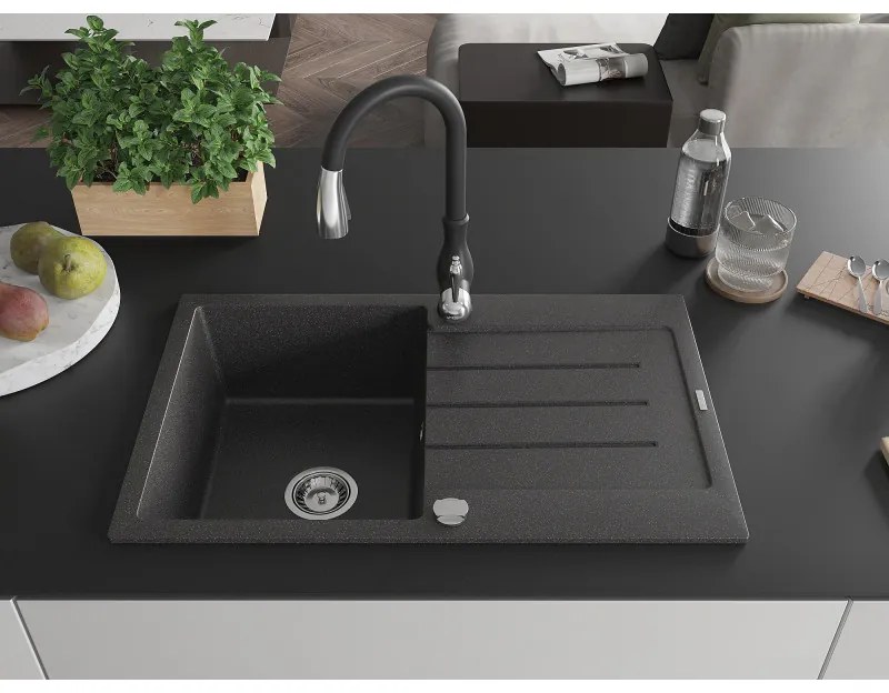Mexen Bruno, 1-komorový granitový drez 795x495x200 mm a drezová batéria Savita, čierna škvrtnitá, 6513-76-672601-70