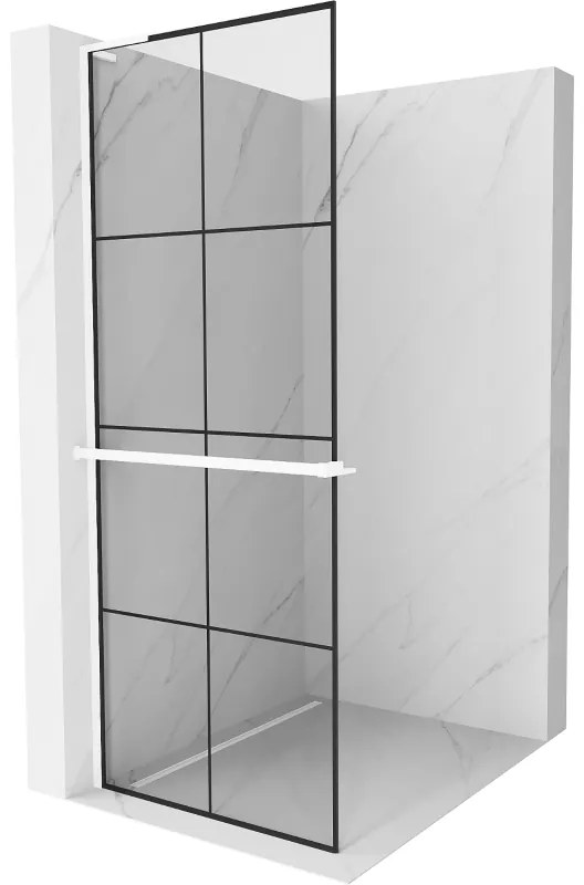 Mexen Kioto+ L, sprchová zástena Walk-In s poličkou a vešiakom 90 x 200 cm, 8mm číre sklo čierny vzor, biely profil, 800-090-123-20-77