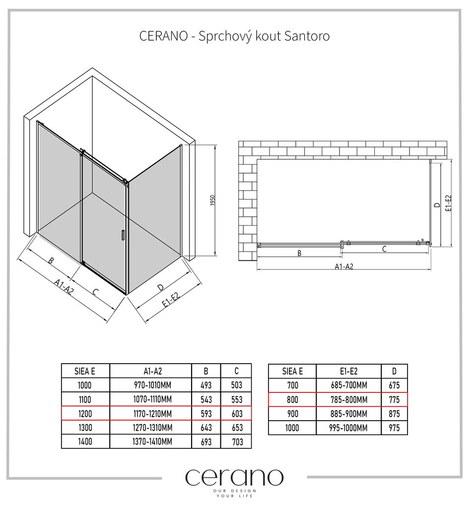 Cerano Santoro, sprchovací kút s posuvnými dverami 120(dvere) x 80(stena) x 195 cm, 6mm šedé sklo, čierny profil, CER-CER-425473