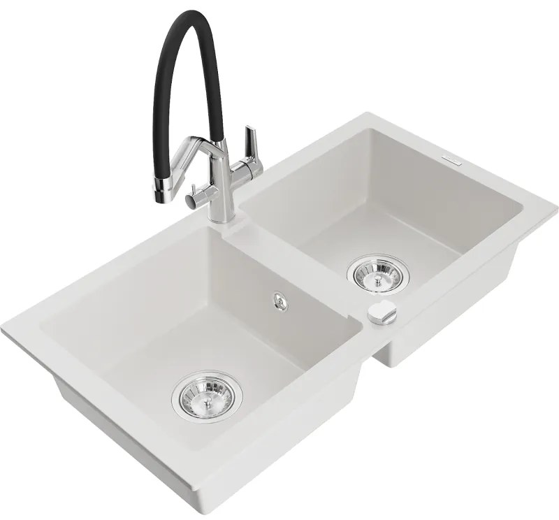 Mexen Mario, granitový drez 820x436x161 mm, 2-komorový a drezová batéria Duo, biela, 6504-20-671701-07