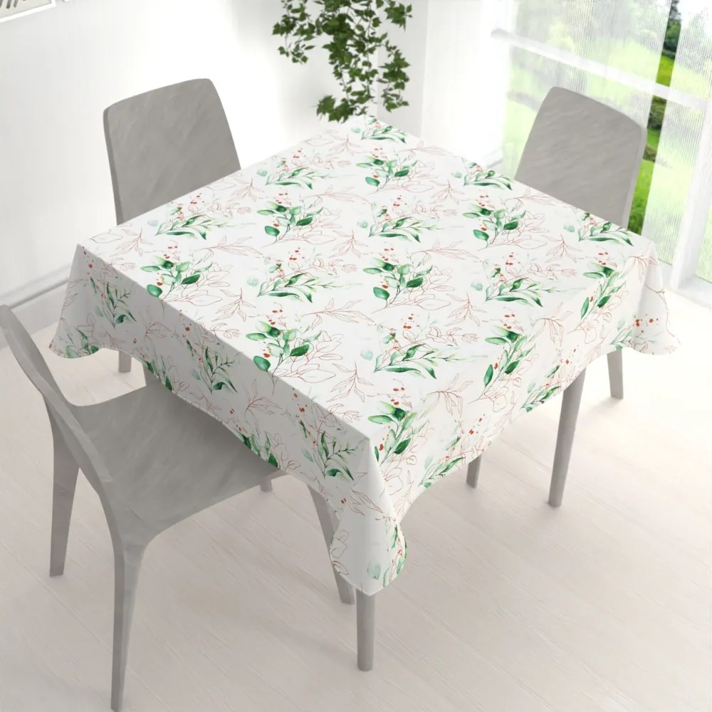 Biante Bavlnený štvorcový obrus Sandra SA-706 Zeleno-hnedé vetvičky s lístkami na bielom 60x60 cm