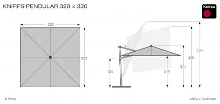 Knirps KNIRPS 320 x 320 cm - luxusný výkyvný záhradný slnečník s bočnou tyčou : Farba slnečníka - Světle šedá