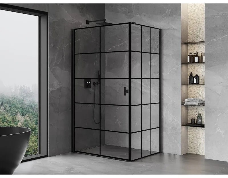 Mexen Mist-B, 1-krídlový výklopný sprchový kút ľavý 80 x 90 cm, číre sklo-čierna mriežka, 8A2T-080-090-70-77-L