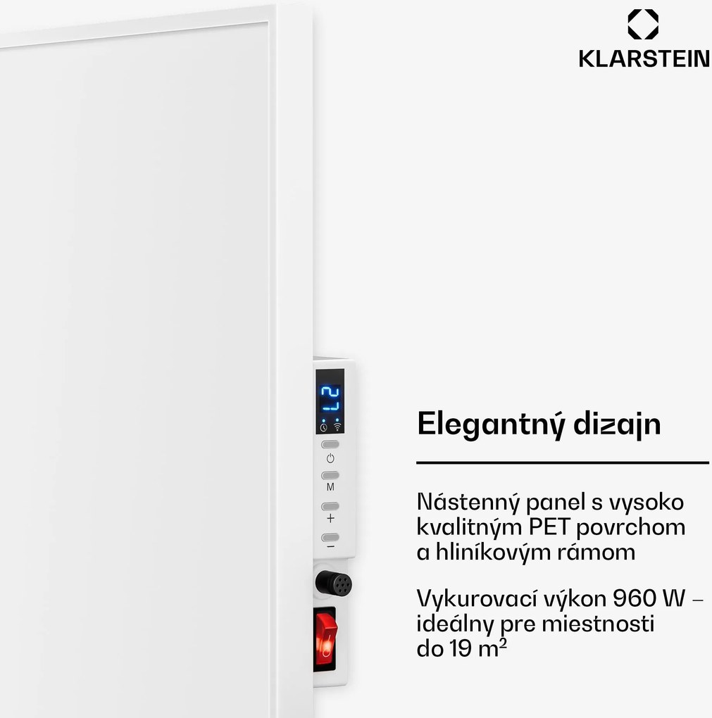 Klarstein Wonderwall 960 Smart, infračervený ohrievač, 80 x 120 cm, 960 W, týždenný časovač, IP24, biely