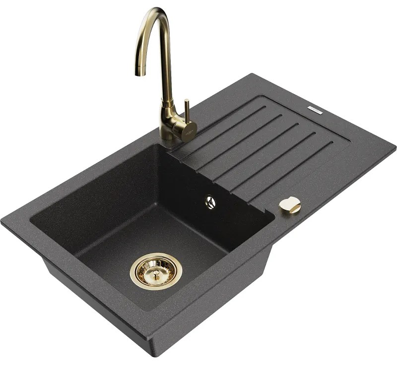 Mexen Pablo, granitový drez 752x436x161 mm, 1-komorový a zlatá batéria Telma, čierna škvrnitá, 6510-76-670200-50