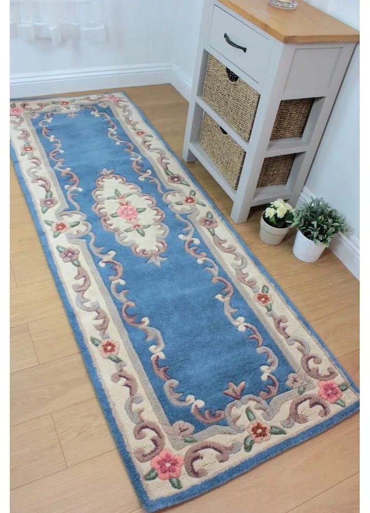 Modrý vlnený behúň Flair Rugs Aubusson, 67 × 210 cm