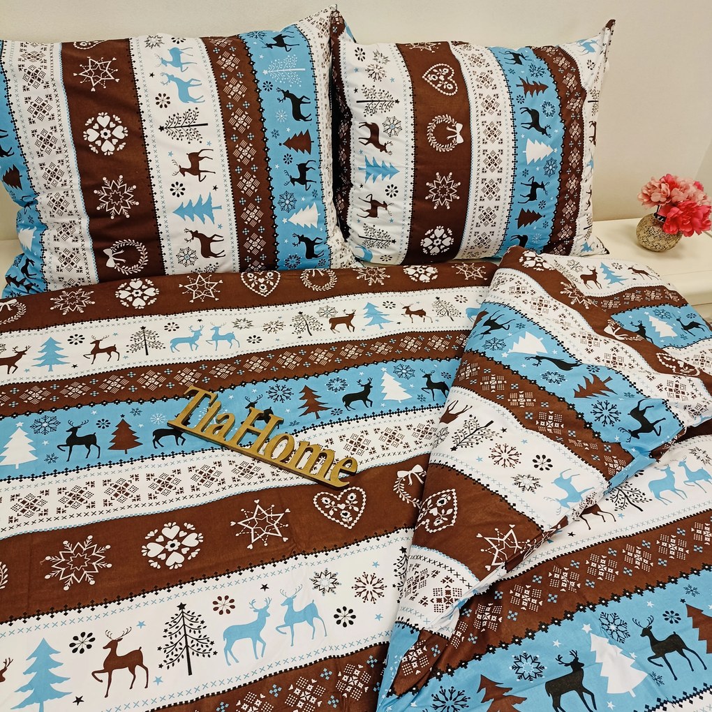Obliečky bavlnené Vianočné obliečky Sobíky tyrkysové - 1x Vankúš 90x70cm, 1x Paplón 140x200cm