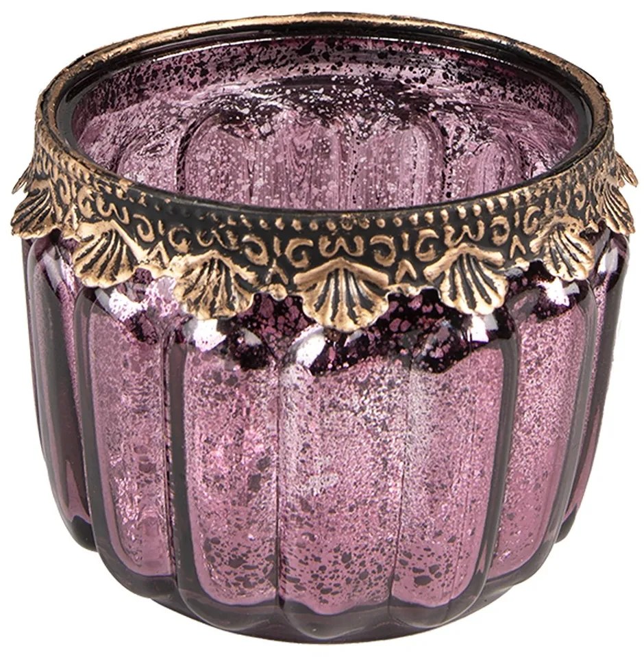 Fialový sklenený svietnik na čajovú sviečku s ozdobným okrajom - Ø10*8 cm