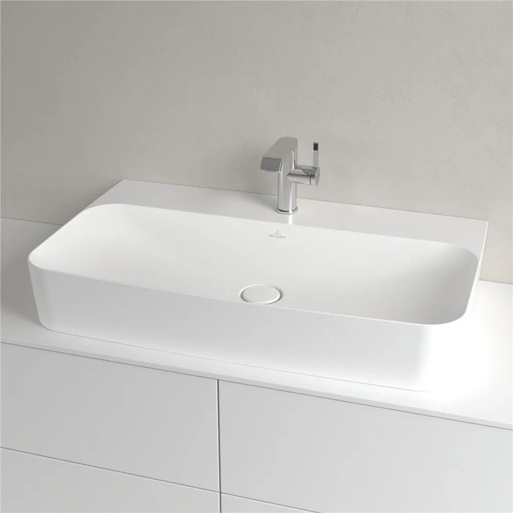 VILLEROY &amp; BOCH Finion závesné umývadlo s otvorom (spodná strana brúsená), bez prepadu, 800 x 470 mm, Stone White, s povrchom CeramicPlus, 41688LRW