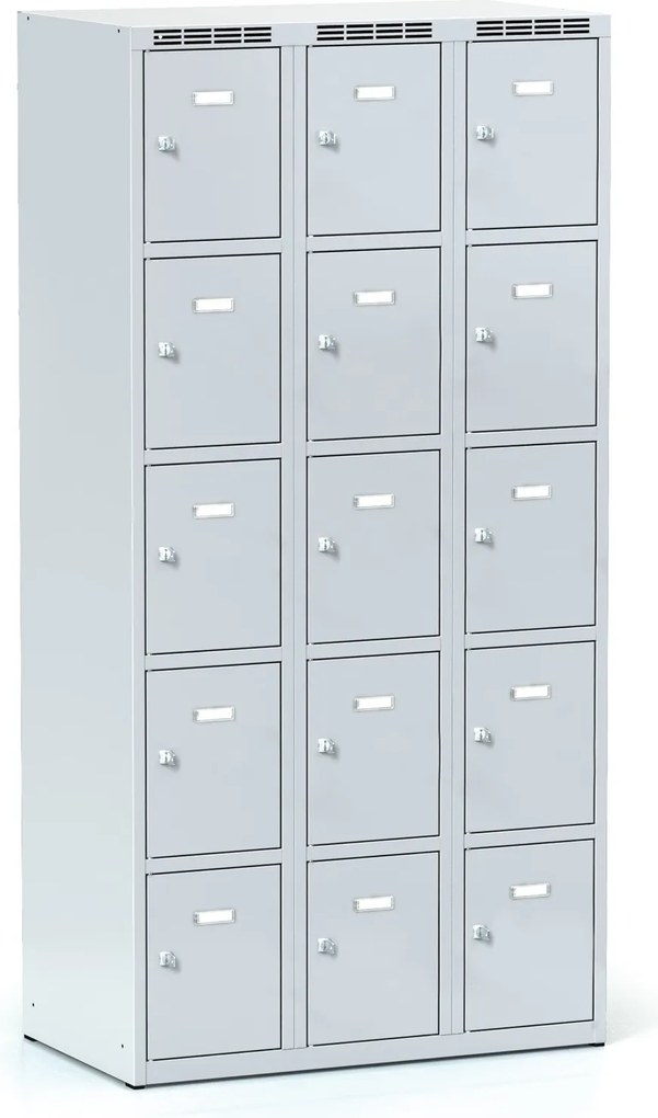 Šatníková skrinka S6 s úložnými boxami, 15 boxov, 1800 x 900 x 500 mm, otočný zámok, sivé dvere